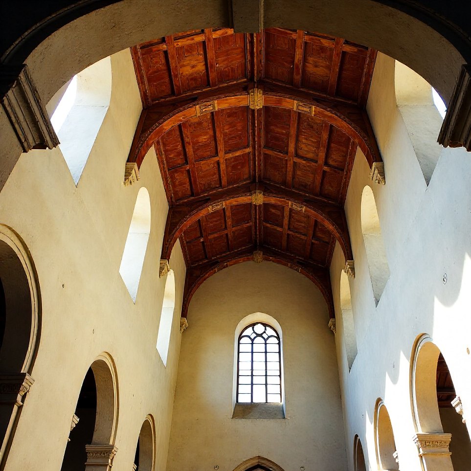 The painted wooden ceiling inside the Church of St Francis of Assisi