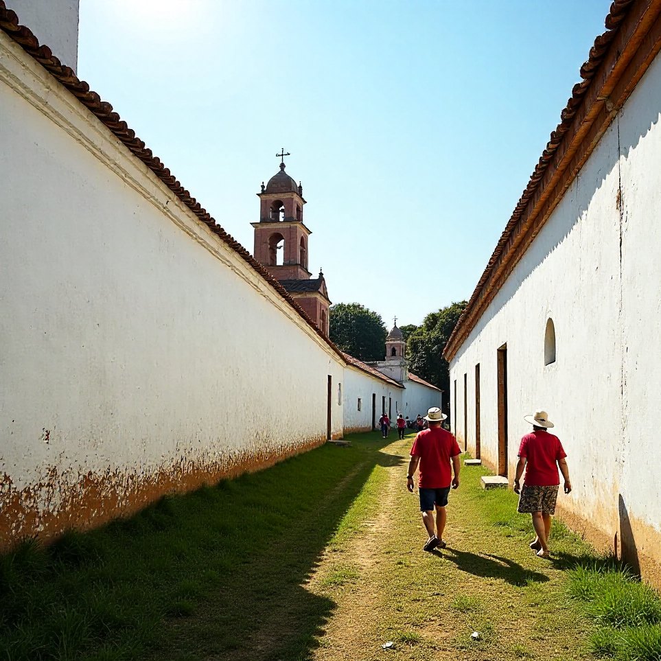 Walkers crossing open ground between the churches under the afternoon sun