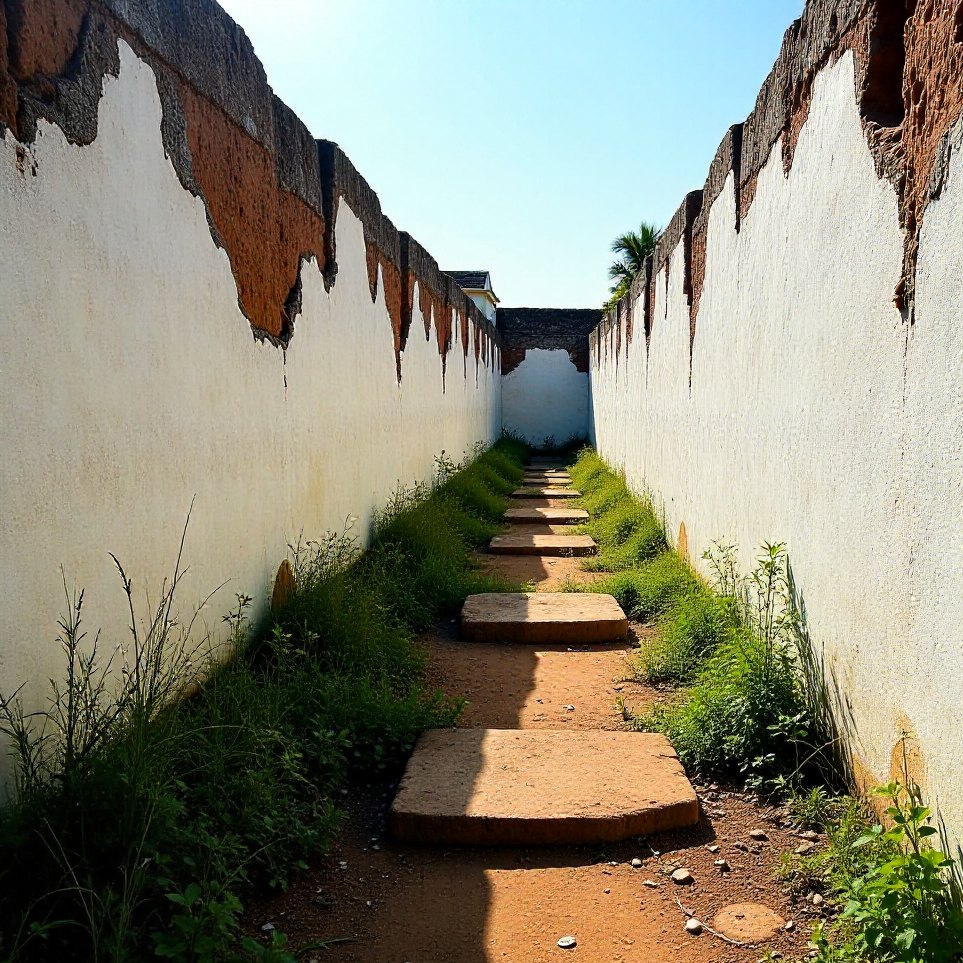 Old foundations showing through the grass near the ruins