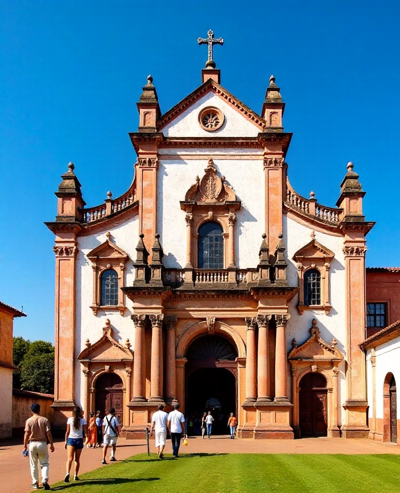 The unplastered laterite facade of the Basilica of Bom Jesus in afternoon sun