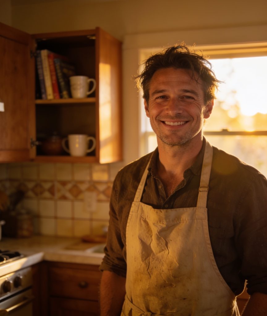 Dario in the kitchen with his children