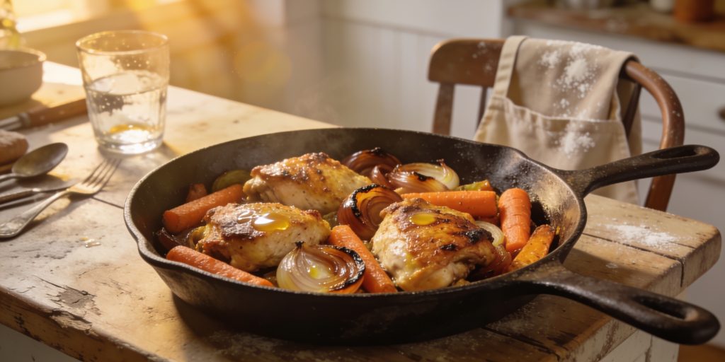 A one-pan chicken dinner ready to serve