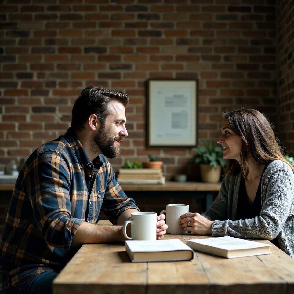The two founders of Redwing and Holt talking over coffee