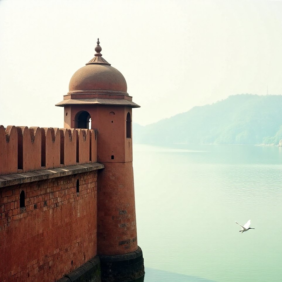 A round turret on the fort wall against the river