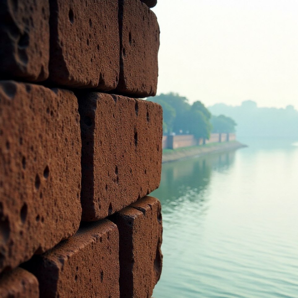 Old and newly cut laterite blocks meeting in one wall