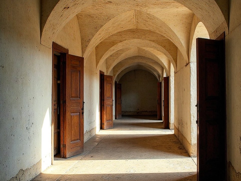 A row of intact prison cells inside the fort