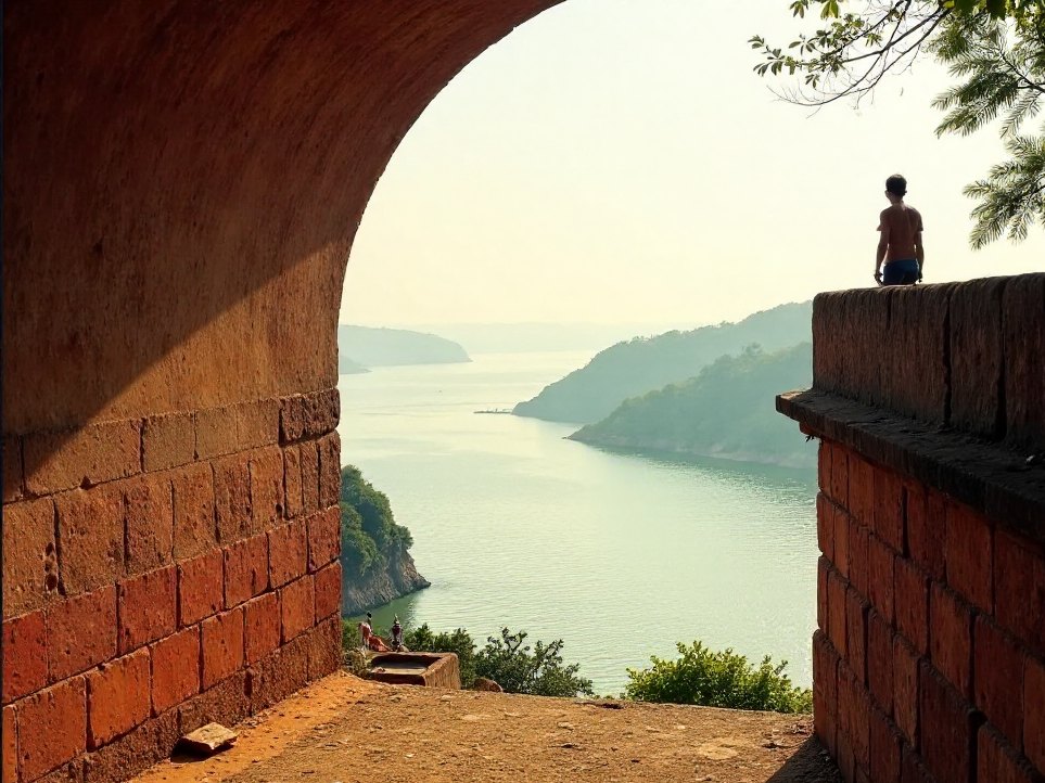 The upper ramparts looking across the river mouth towards Aguada