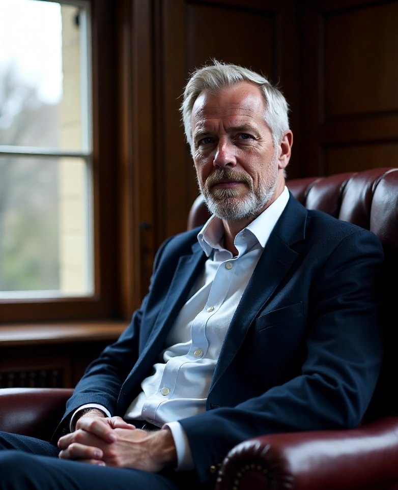Rowan Ashcombe seated in a leather armchair in a panelled room by a tall window
