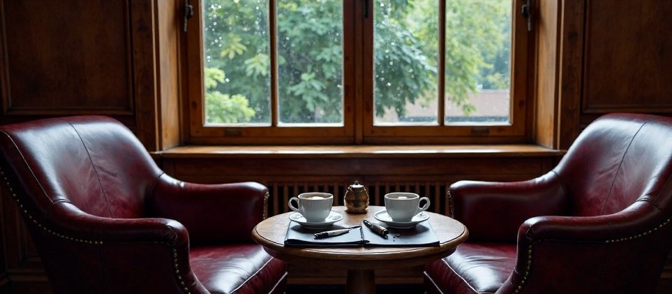 Two armchairs angled toward each other beside a low table with tea and a closed notebook