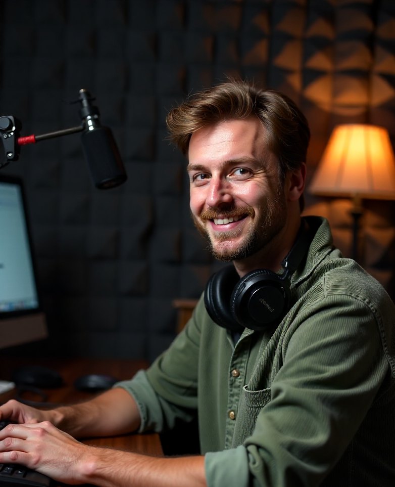 A podcast producer in a sound-treated studio with headphones around his neck