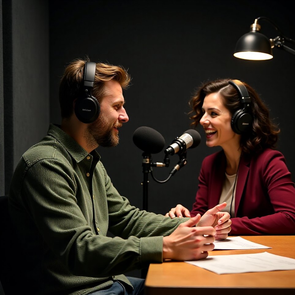A Silvermoss producer and a podcast host talking between takes in a recording booth