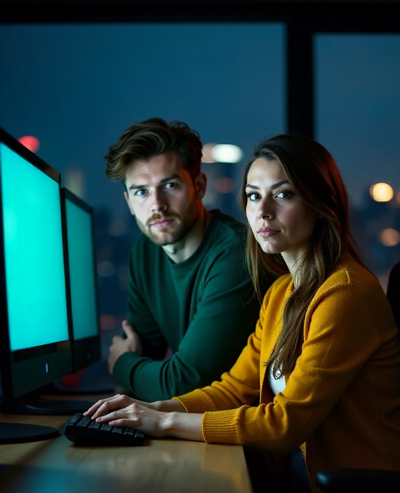 Two media buyers from The Ad Room in their buying room at dusk