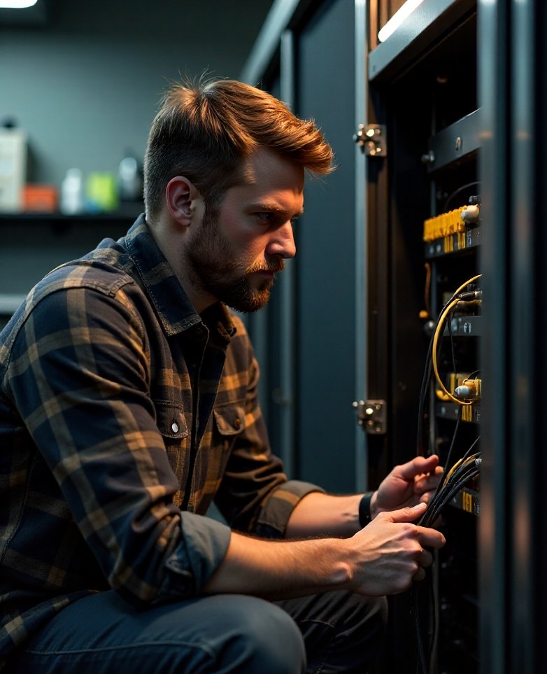 A Backend Room engineer working inside a client comms cupboard
