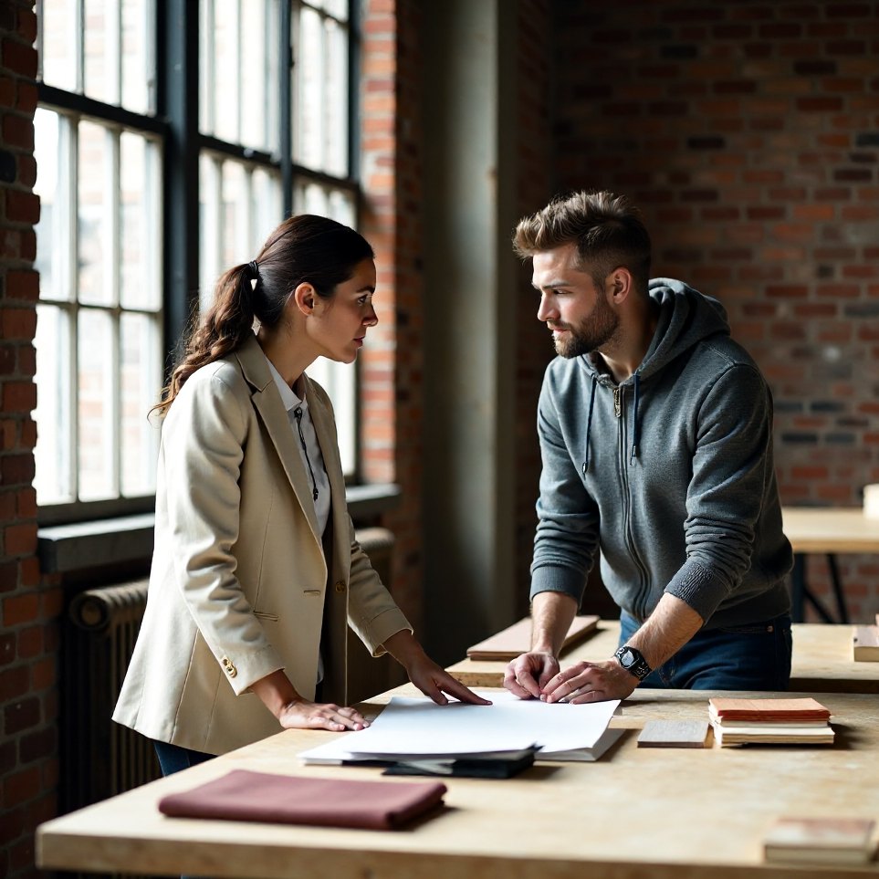 An engineer talking with the founder of an interiors studio
