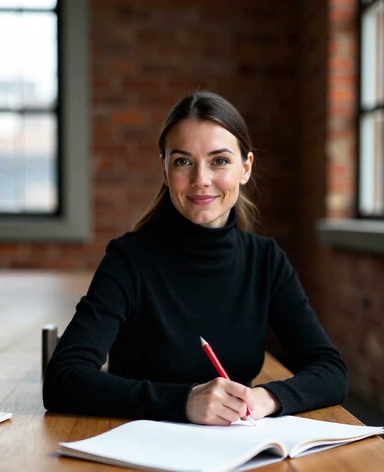 A Fine Print contract reviewer at a long reading table holding a red pencil