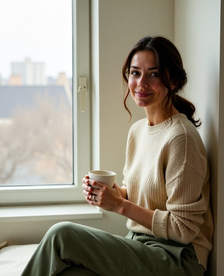 The Quiet Room founder sitting on a window seat with a mug of tea in soft morning light