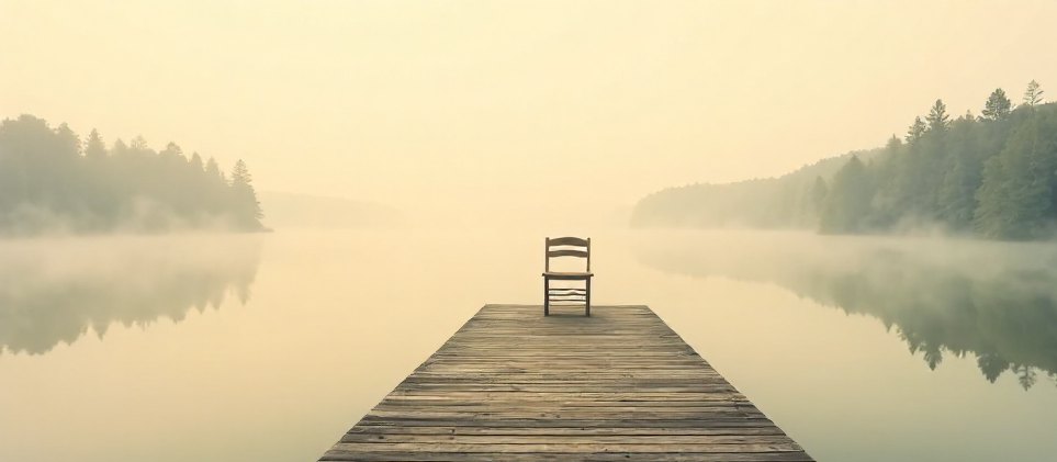 A still lake at dawn with a wooden jetty and one empty chair