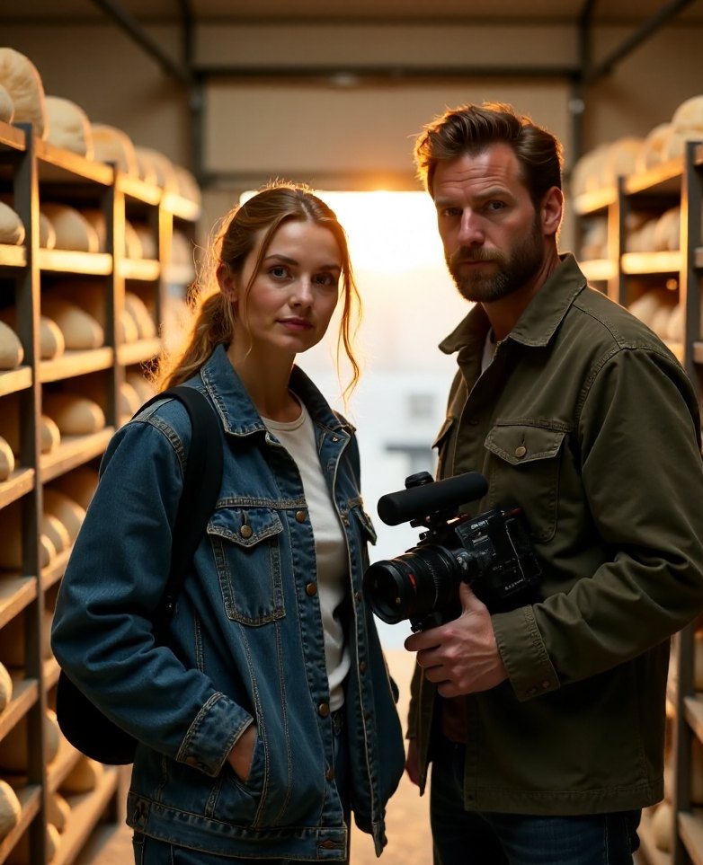 Two documentary filmmakers with a cinema camera and a boom microphone on location in a bakery