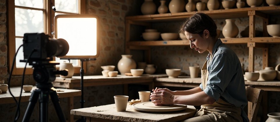 A film crew recording a potter shaping clay at the wheel in a small studio