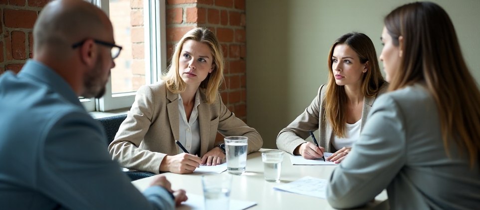 Two interviewers scoring a structured interview on printed scorecards, seen over a candidate shoulder