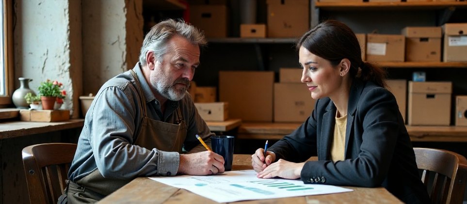 An owner in a work apron and an advisor going over a single page of figures at a back-room table