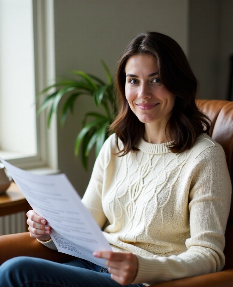 A copywriter in an armchair reading a printed draft aloud, pencil in hand